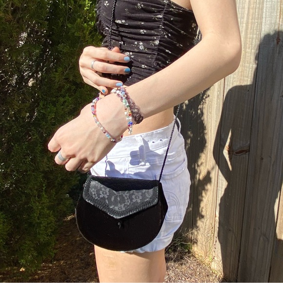 Small Black Vintage Velour Floral Lace Evening Bag With Strap - Picture 9 of 11
